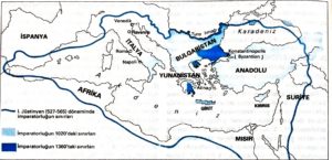 Bizans İmparatorluğu en geniş sınırlarına 1 justinyen yönetiminde ulaştı.